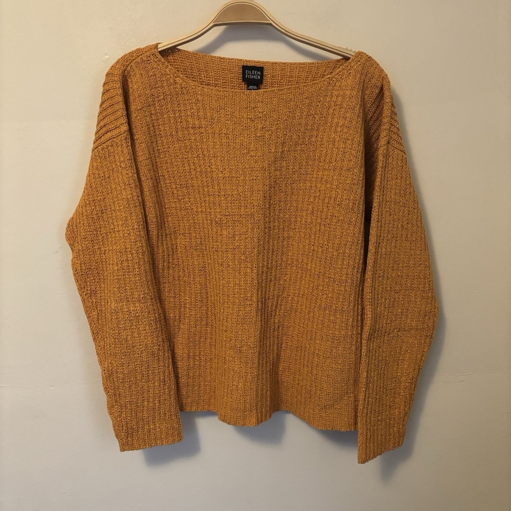 Eileen Fisher Boxy Sweater Thick Knit Quiet Luxury Preppy L Yellow Cotton Blend